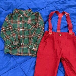 Kids Plaid Shirt and Red Suspender Pants Set